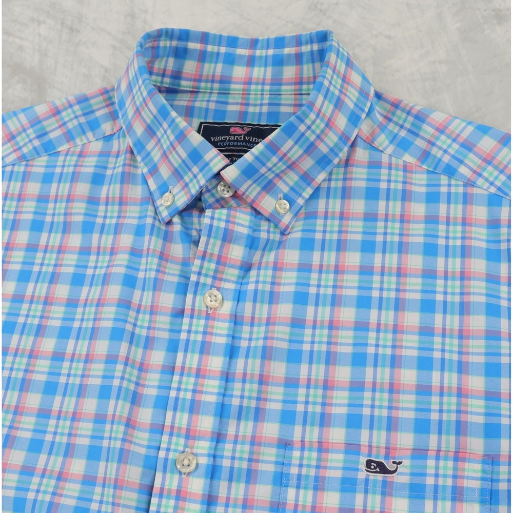 Vineyard Vines Button Down Mens Medium Blue Plaid Performance Tucker Shirt